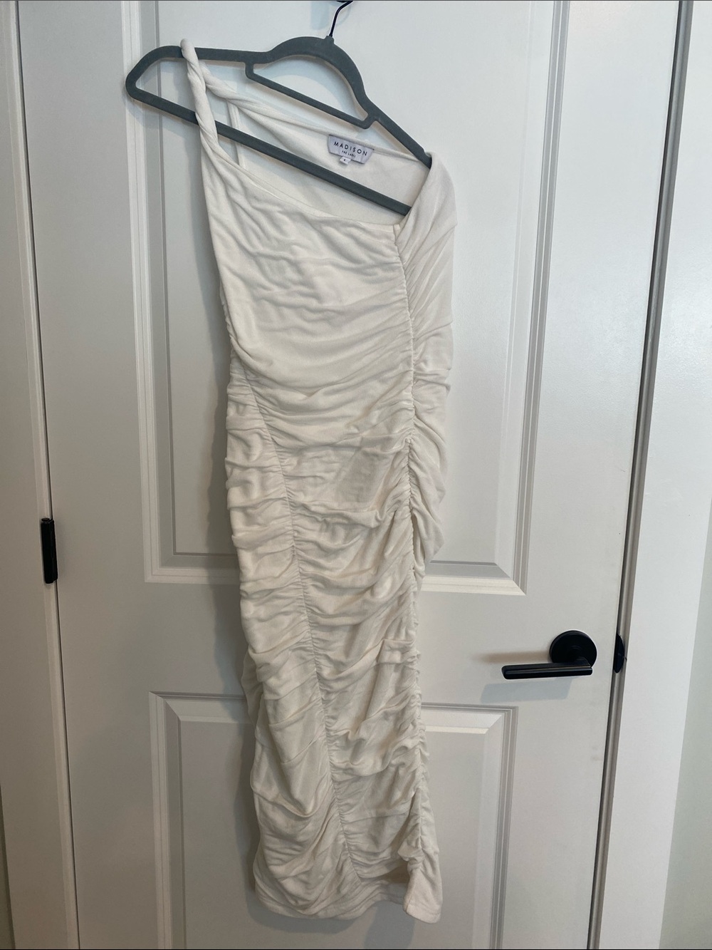 Madison Ivory One-Shoulder Ruched Midi Dress
